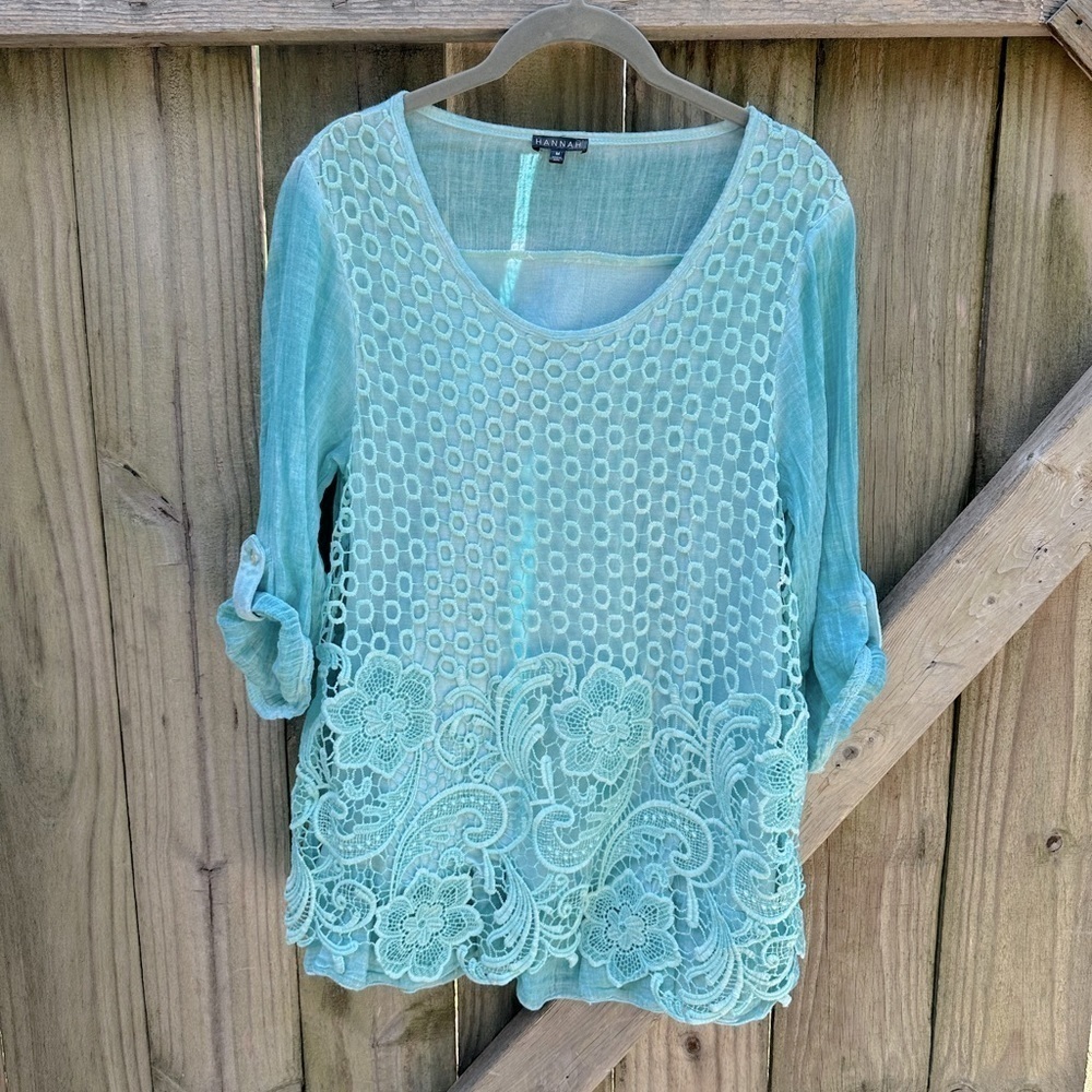 Hannah Boho Gauzy Textured Aqua Blue Lace Front Lined Cropped Sleeve Blouse